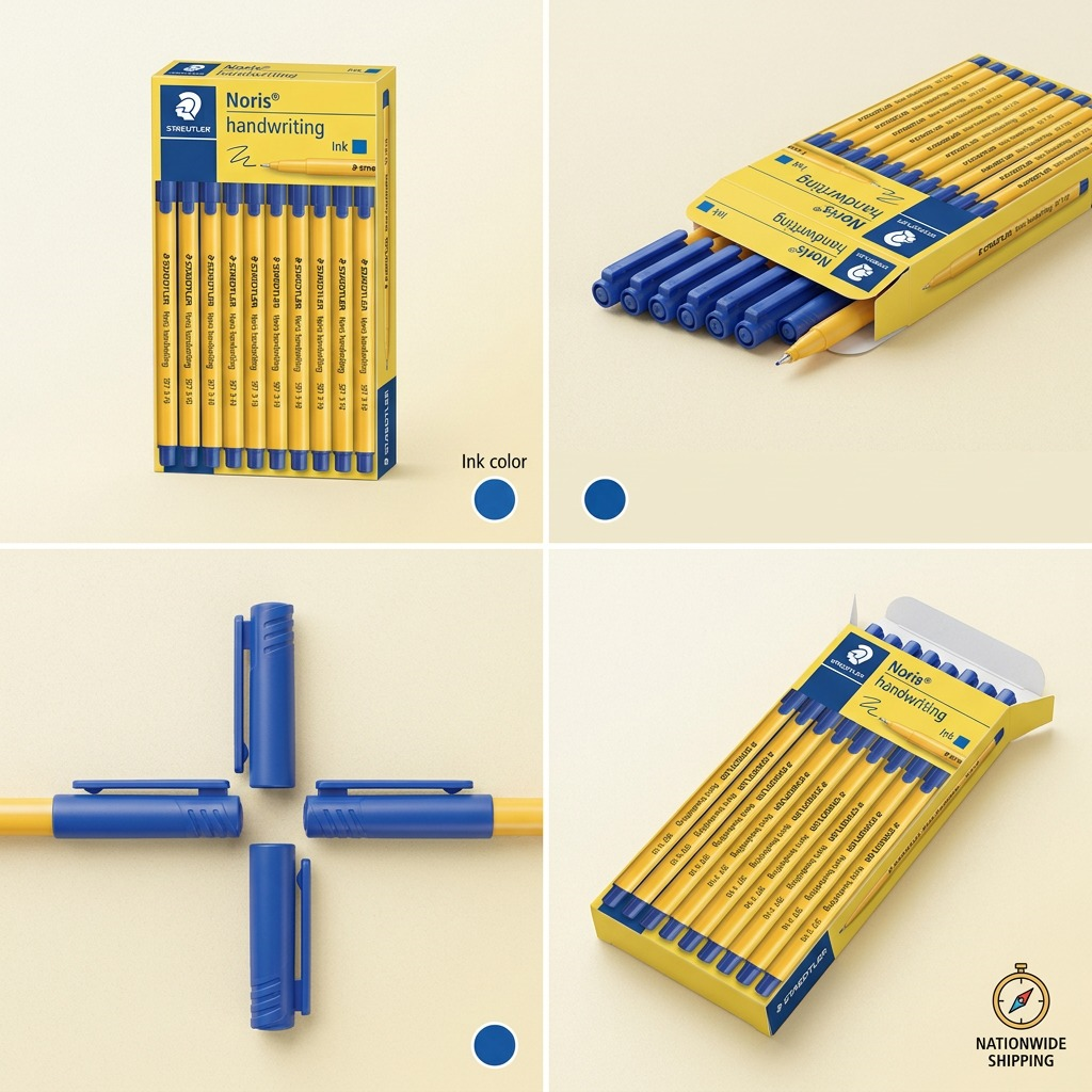 A grid displaying the STAEDTLER Noris handwriting fineliner set from front, side, angled, and top-down views.