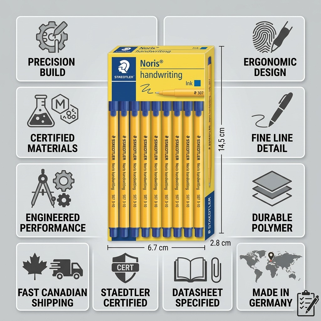 STAEDTLER Noris blue pen pack with trust icons: Canadian shipping, quality build, and datasheets.