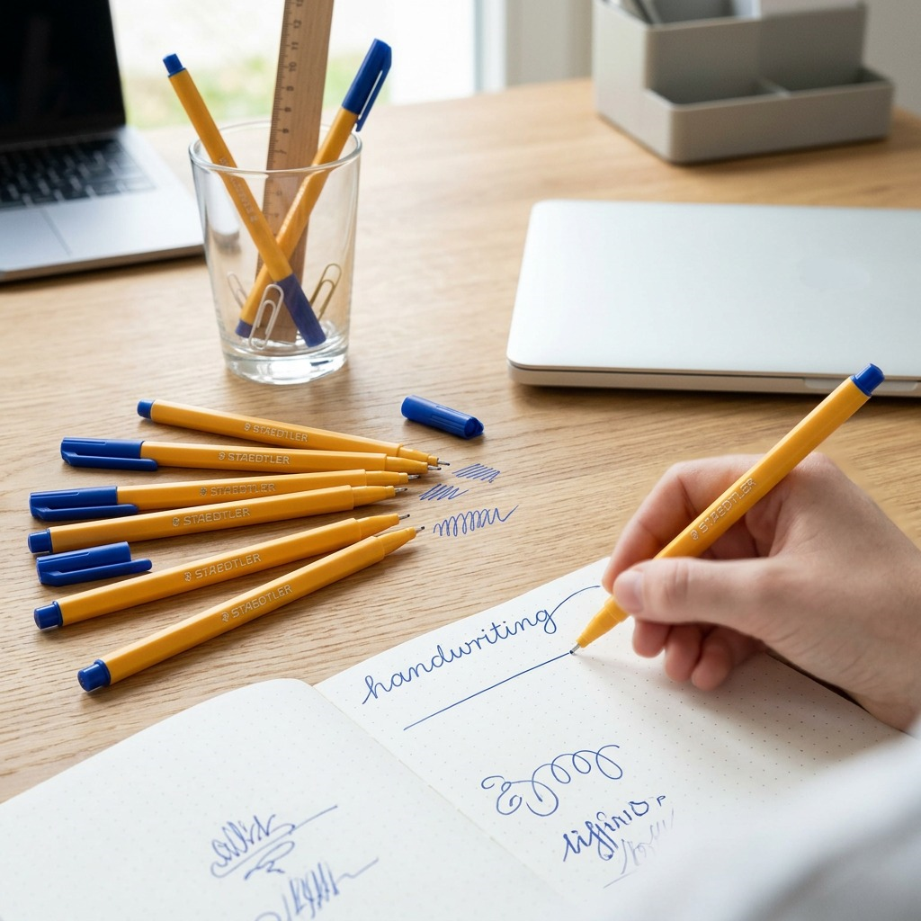 Fineliners displayed on wooden surface for writing.