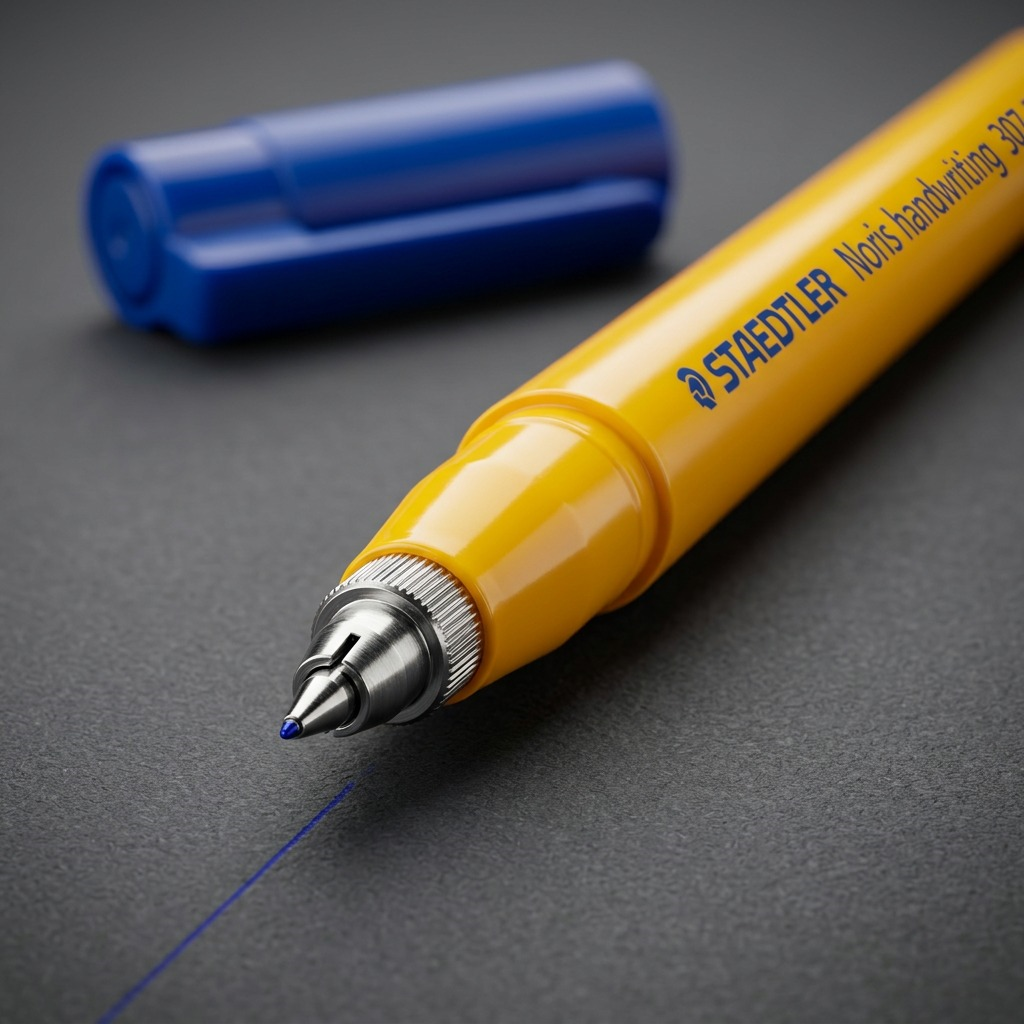 Macro photo on a dark grey surface shows the 0.3mm nib of the Staedtler Noris 307-3-10 fineliner pen.