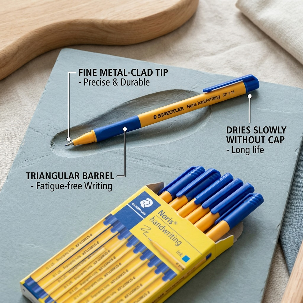 Feature callout graphic shows a Staedtler Noris fineliner pen with labels: Fine Metal-Clad Tip (precise writing), Triangular Barrel (fatigue-free), and Dries Slowly Without Cap.