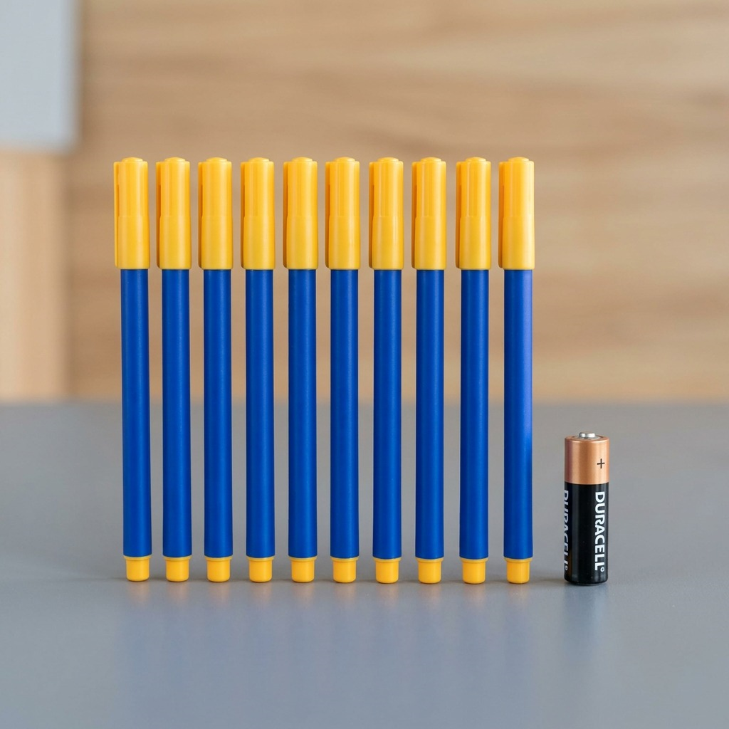 An outdoor photo shows the Staedtler Noris 10ct blue fineliner set next to a standard AA battery.