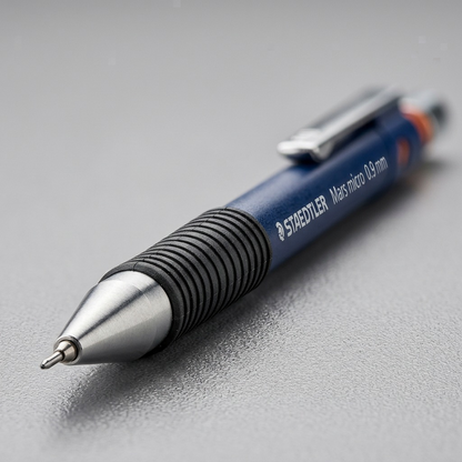 Macro photograph focusing sharply on the precise metal tip, black ridged grip, and the 'STAEDTLER Mars micro 0.9 mm' branding text on the dark blue barrel. The depth of field is very shallow.