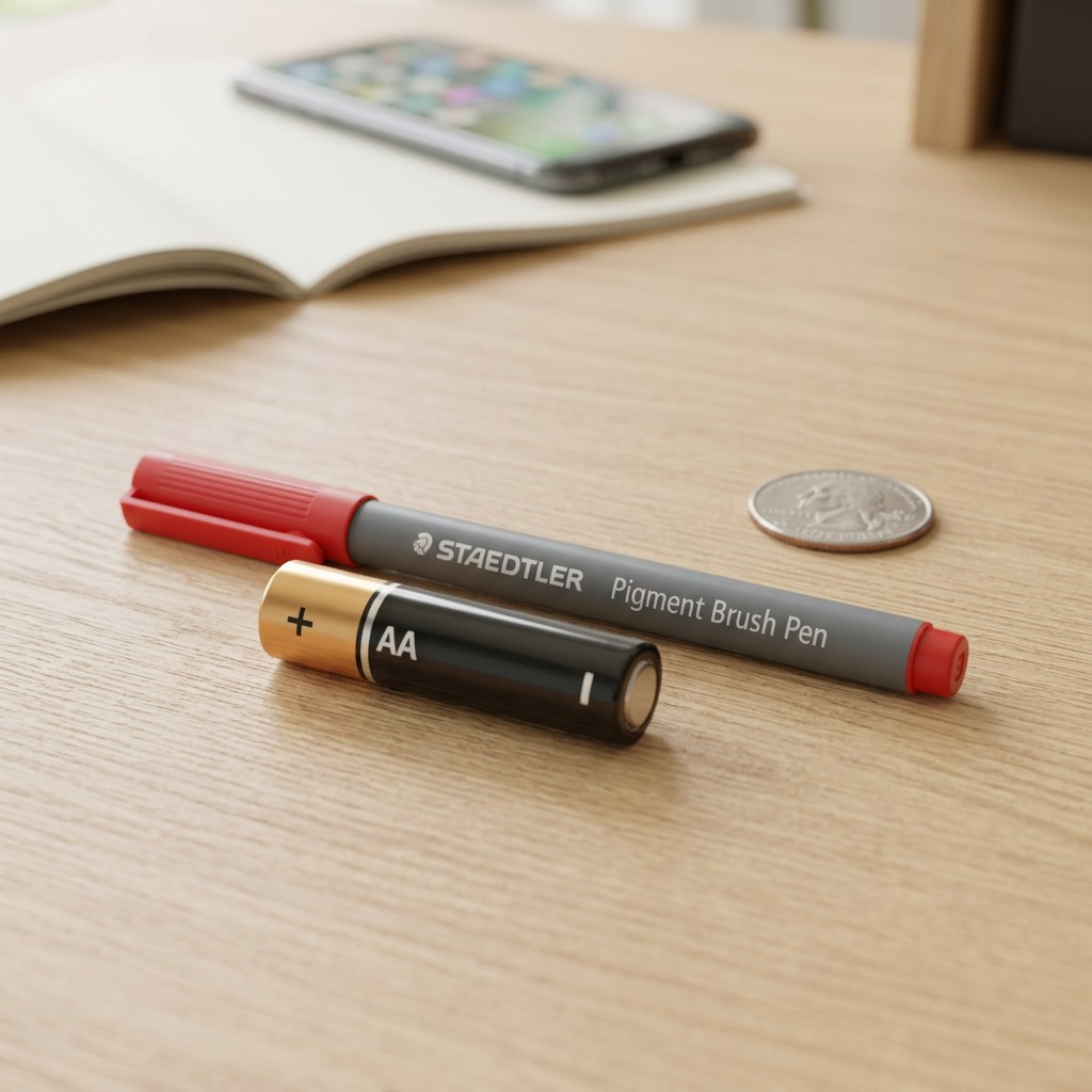 A close-up photograph of a STAEDTLER Scarlet Red Pigment Brush Pen resting next to a standard AA battery on a light-wood desk.