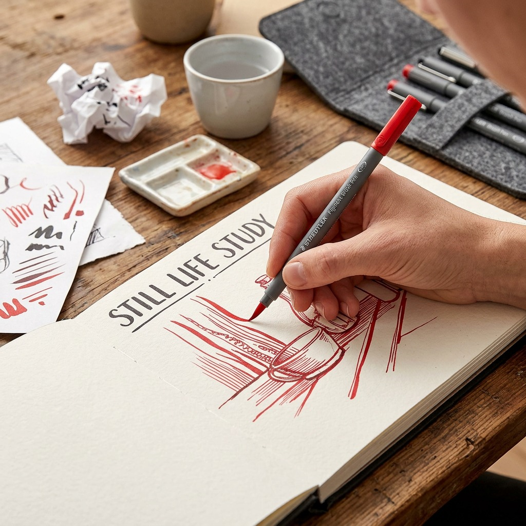 A close-up photograph of a calligrapher using a STAEDTLER Pigment Brush Pen to create vibrant script on artist paper.