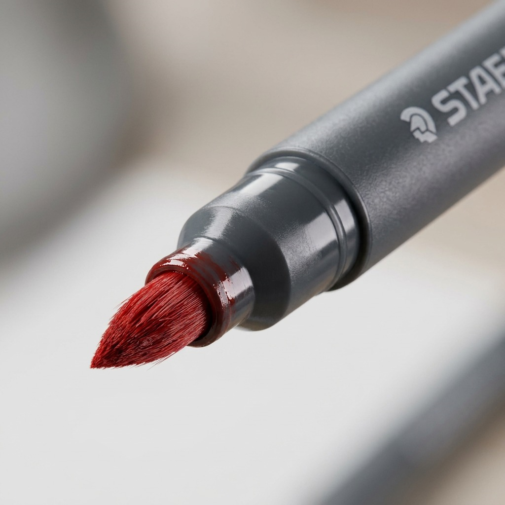 Macro photograph showing the precise Staedtler Scarlet Red brush tip and barrel detail.