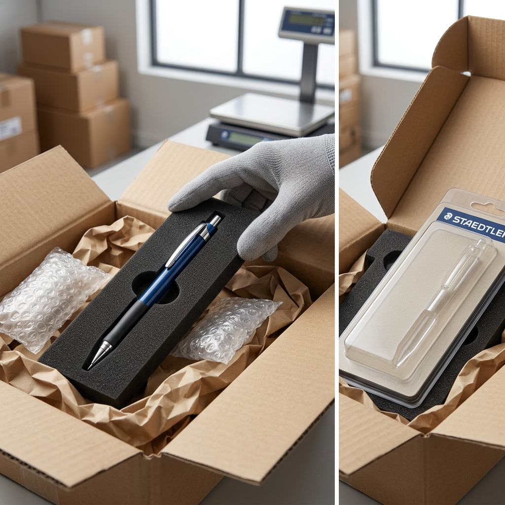 STAEDTLER pencil in protective foam and shipping box, showing secure delivery.