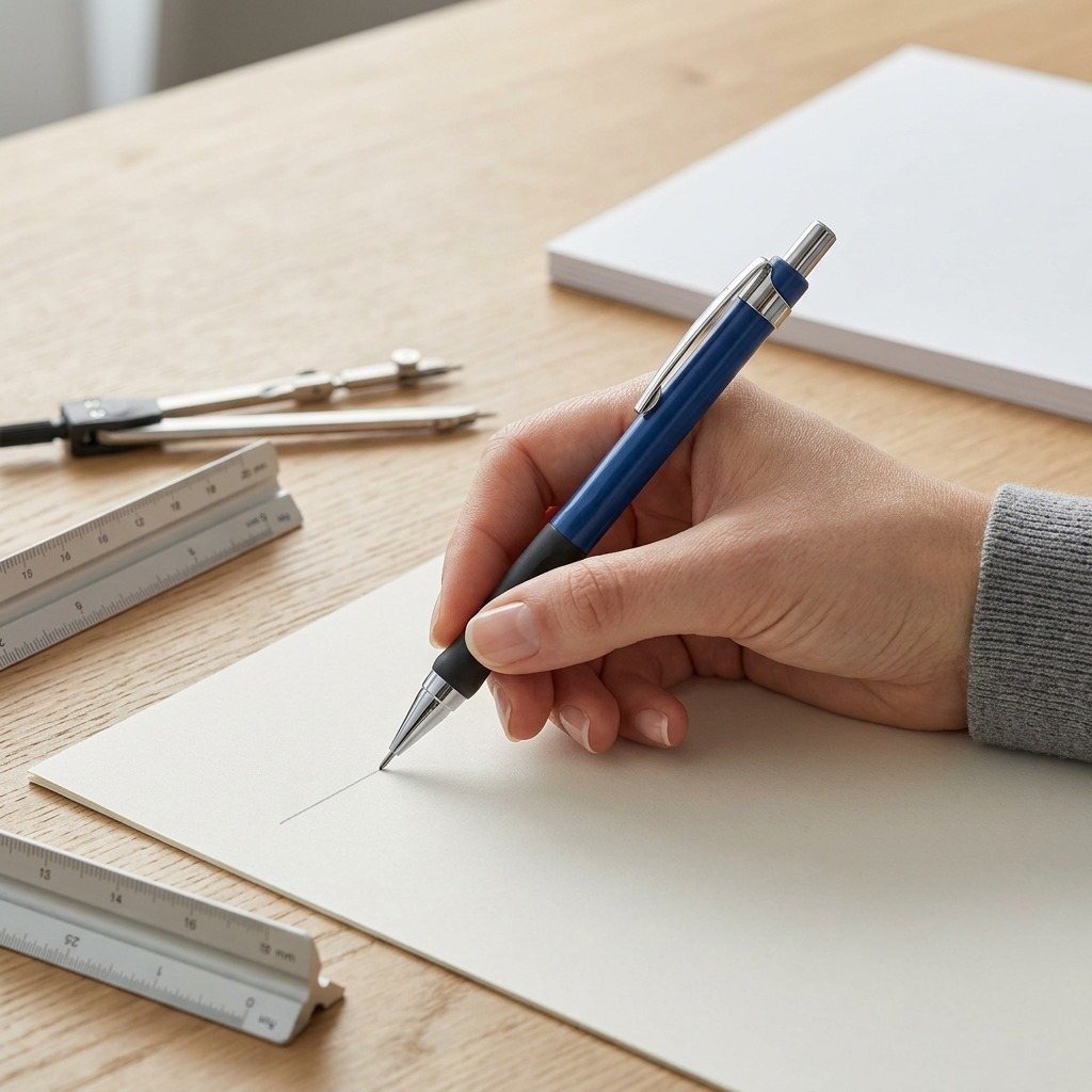 Hand holds the blue STAEDTLER mechanical pencil on paper, with rulers and compass on a light wood desk.