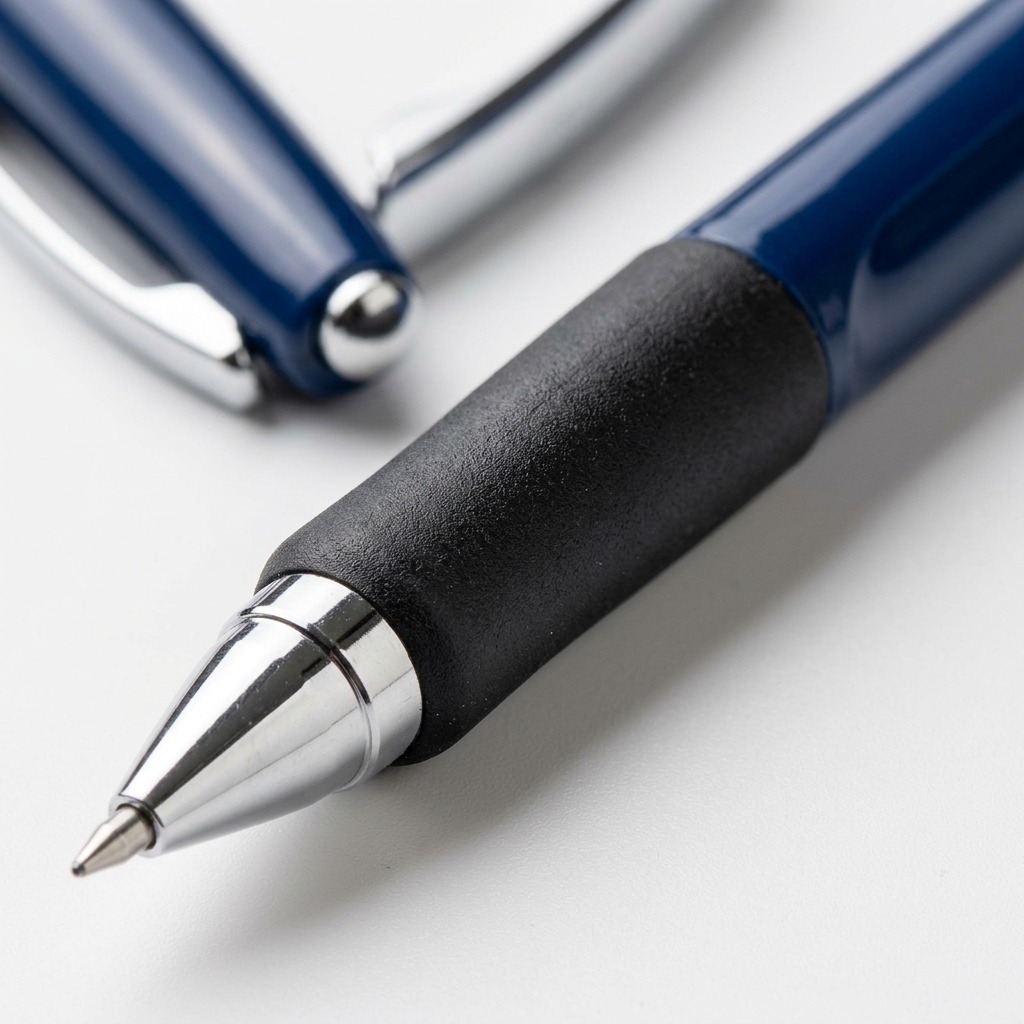 A macro photo focuses on the textured black rubber grip, the precise chrome conical tip with lead sleeve, and the transitions to the polished blue barrel and chrome pocket clip of the STAEDTLER mechanical pencil. The shot emphasizes high-quality materials and manufacturing precision.
