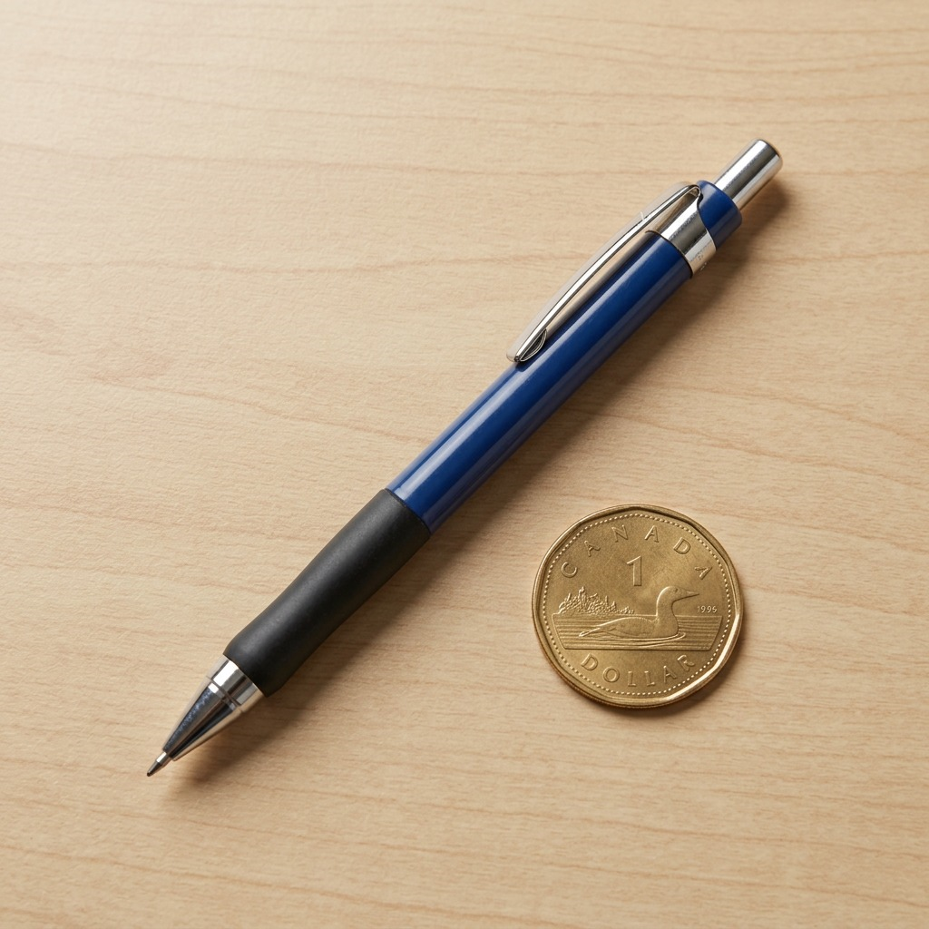 STAEDTLER mechanical pencil on natural wood desk with a Canadian loonie for scale.