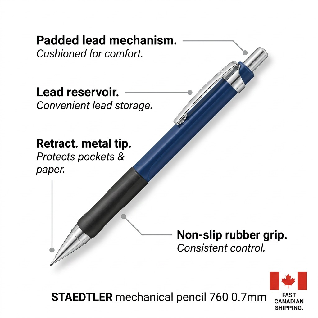 An operational feature infographic for the STAEDTLER mechanical pencil 760 0.7mm.