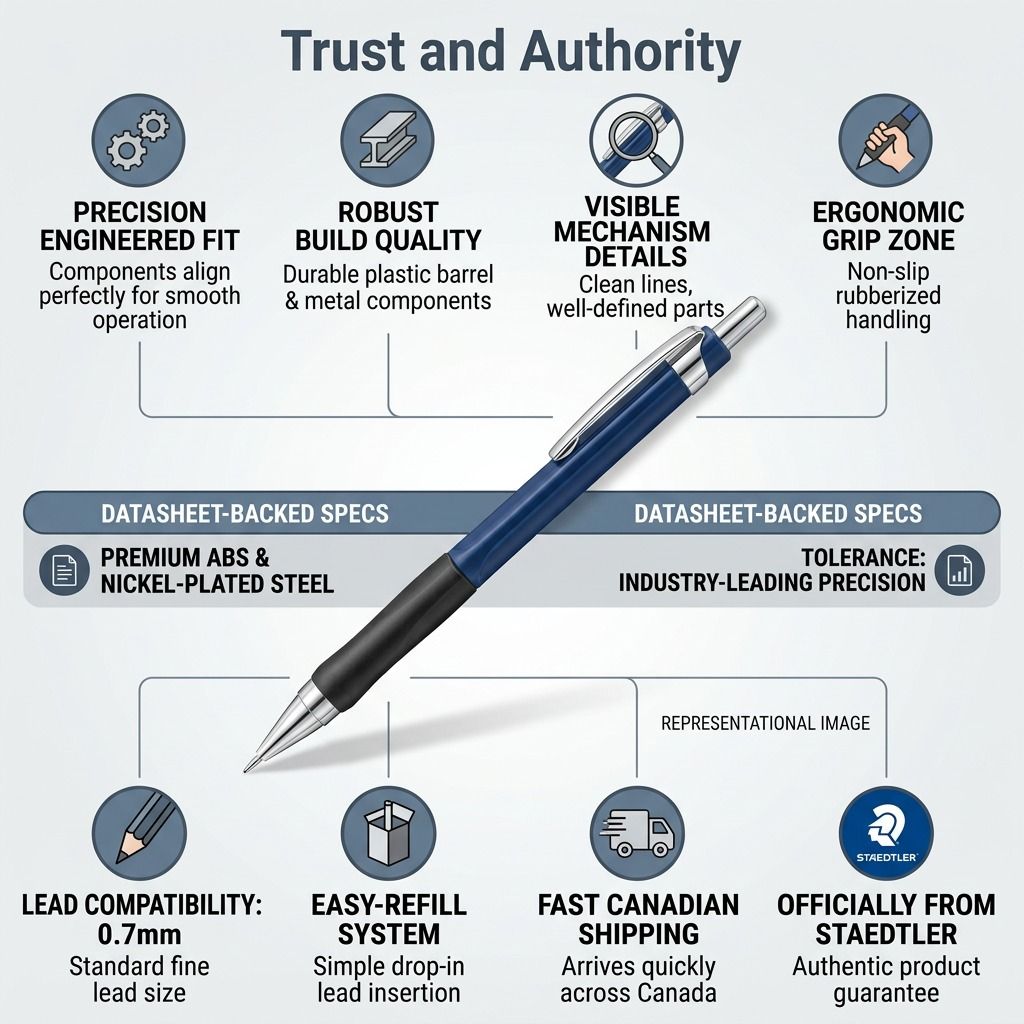 A PDP visual matrix infographic showing a central STAEDTLER mechanical pencil with trust signals for fit, build, materials, and fast Canadian shipping.