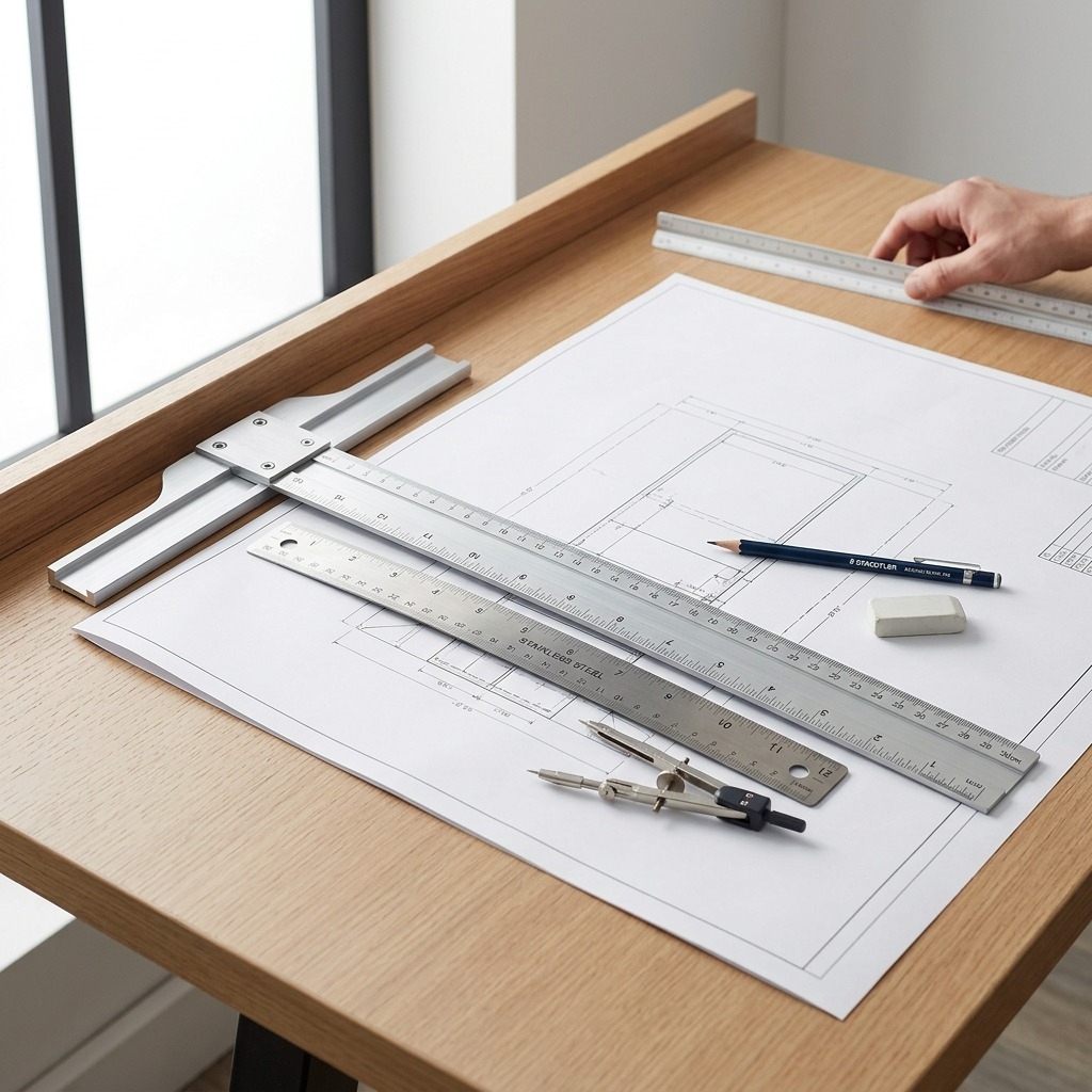 Scale reference photo for the STAEDTLER T-Square 24'', positioned alongside a physical standard ruler for size comparison.
