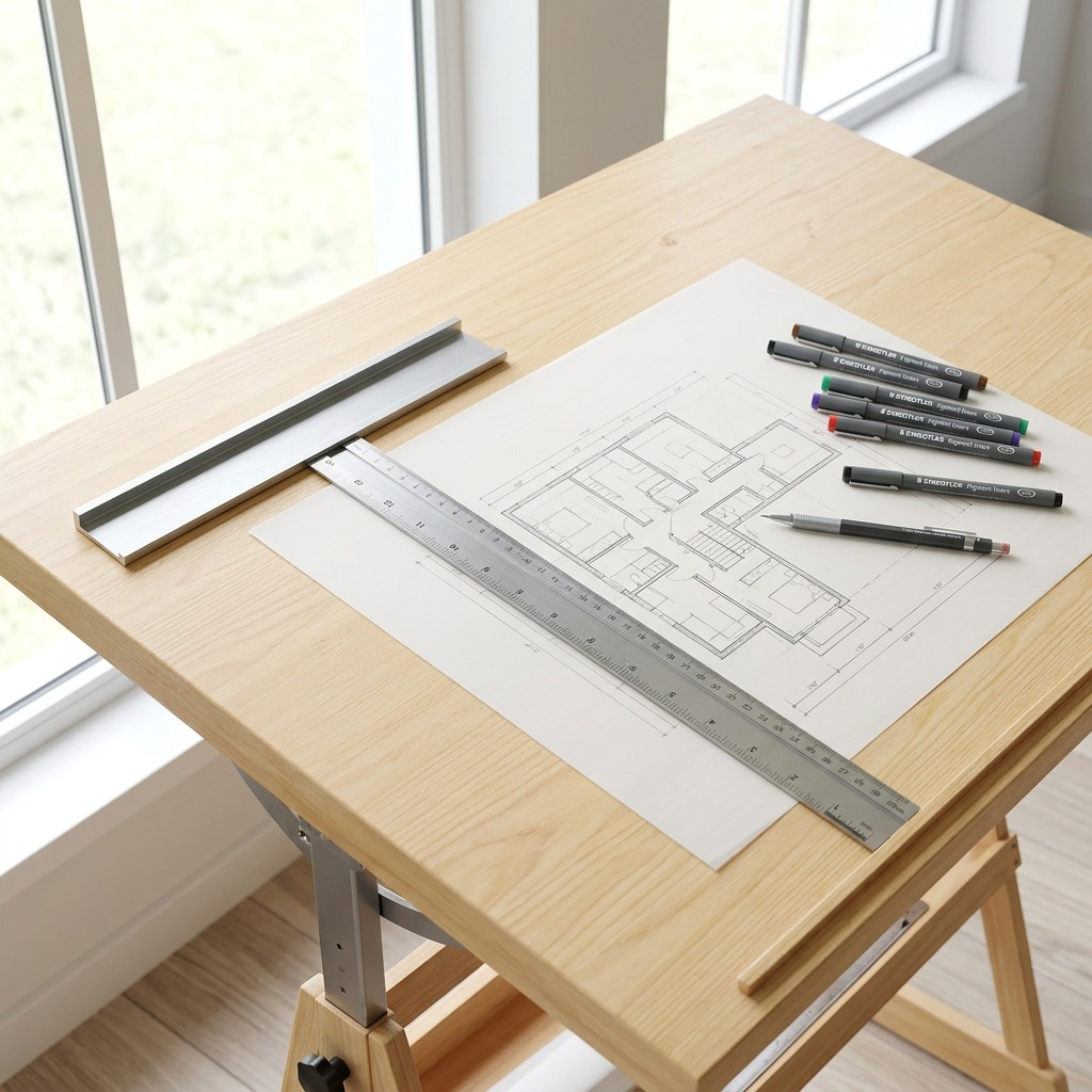 Lifestyle scene showing the STAEDTLER Aluminum T-Square on a drafting table with an architectural drawing.
