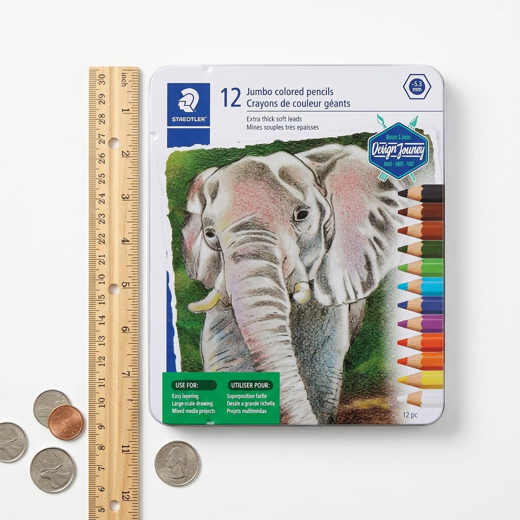 A side-by-side comparison image: a STAEDTLER Jumbo wooden pencil with the distinctive colored pencils and elephant artwork on its metal storage tin from image_0.png, placed next to a standard AA battery.