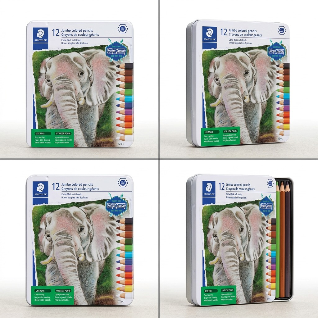 PDP matrix showing the same Staedtler colored pencil tin from two different front three-quarter views.