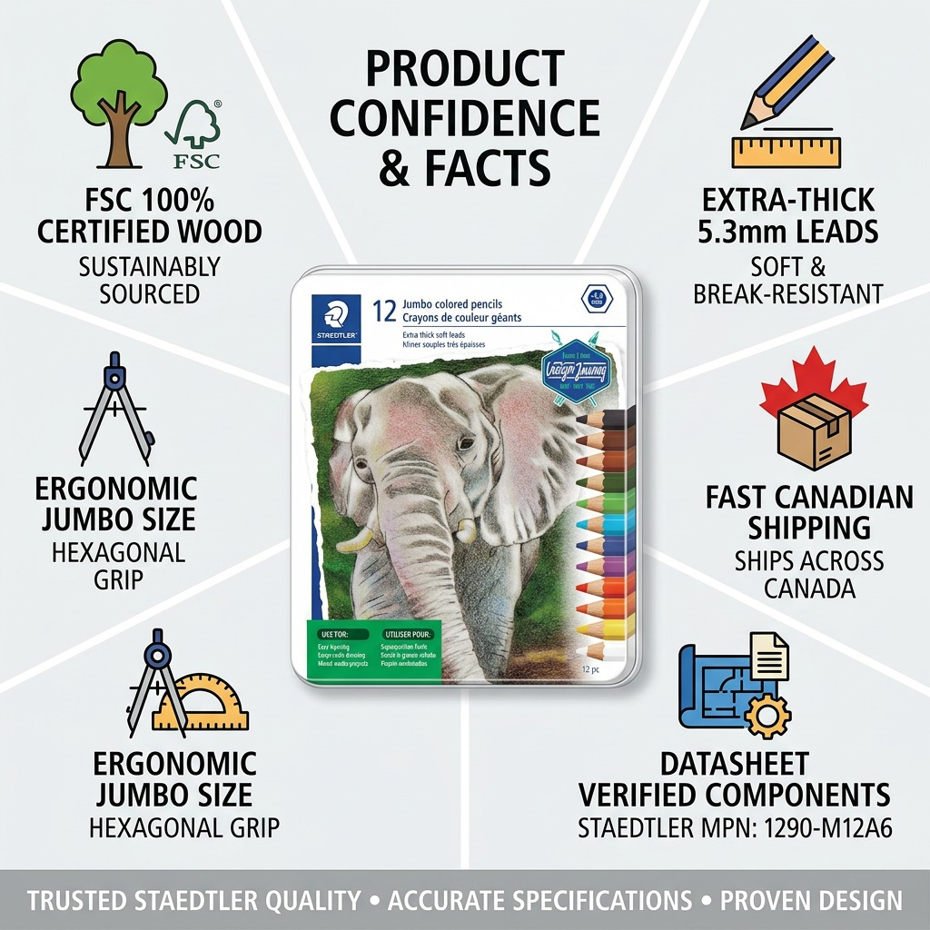 Product trust graphic for STAEDTLER Jumbo pencils, with factual cues and Canadian flag.