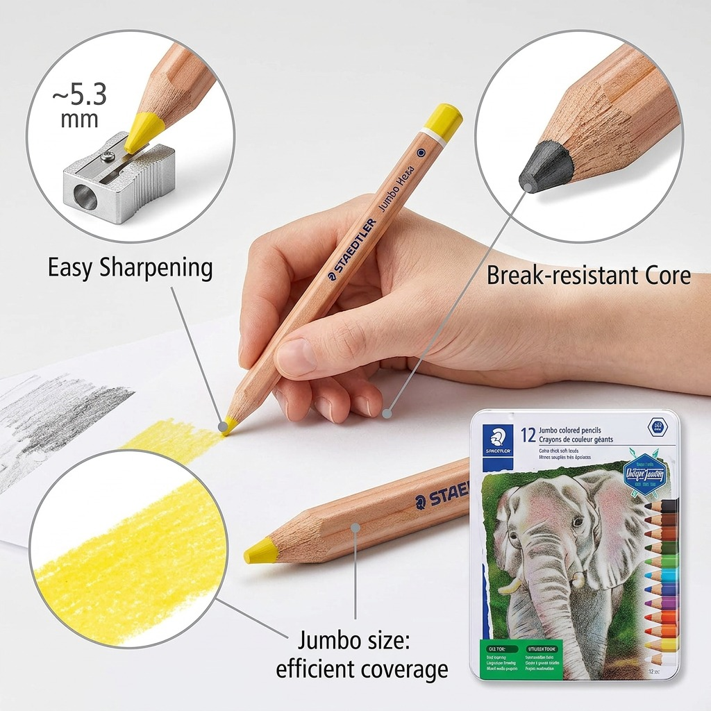 Ecommerce graphic of STAEDTLER Jumbo Hexa pencil highlights easy sharpening, break-resistant core, and efficient coverage.