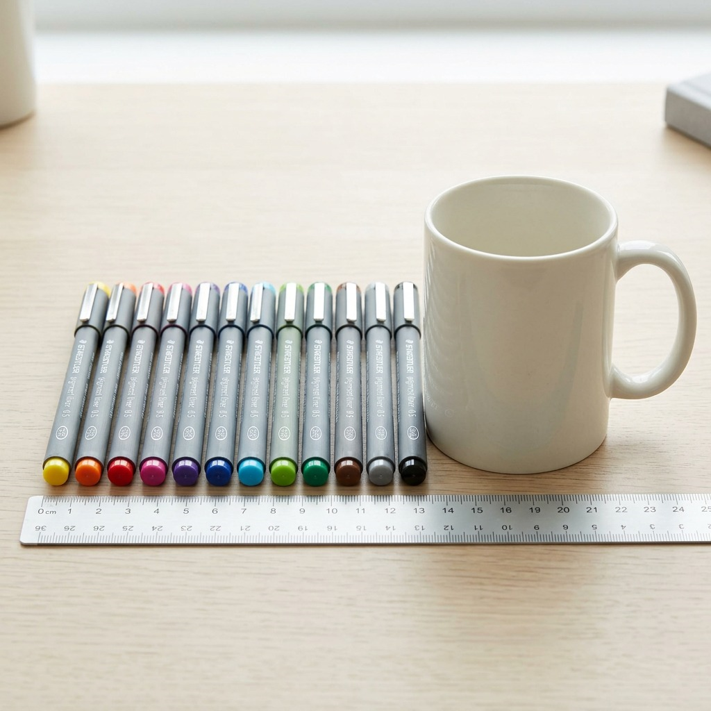 A photograph of 12 STAEDTLER Pigment Liner 0.5mm pens aligned on a wooden desk next to the base of a common coffee mug.