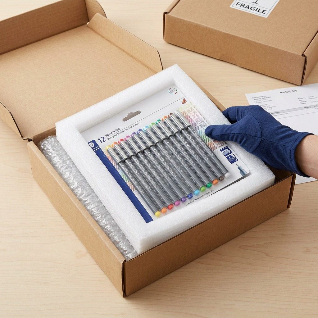 A close-up shot of a pristine STAEDTLER Pigment Liner 12-pack being unboxed, nestled in custom-cut foam, emphasizing secure delivery and product protection.