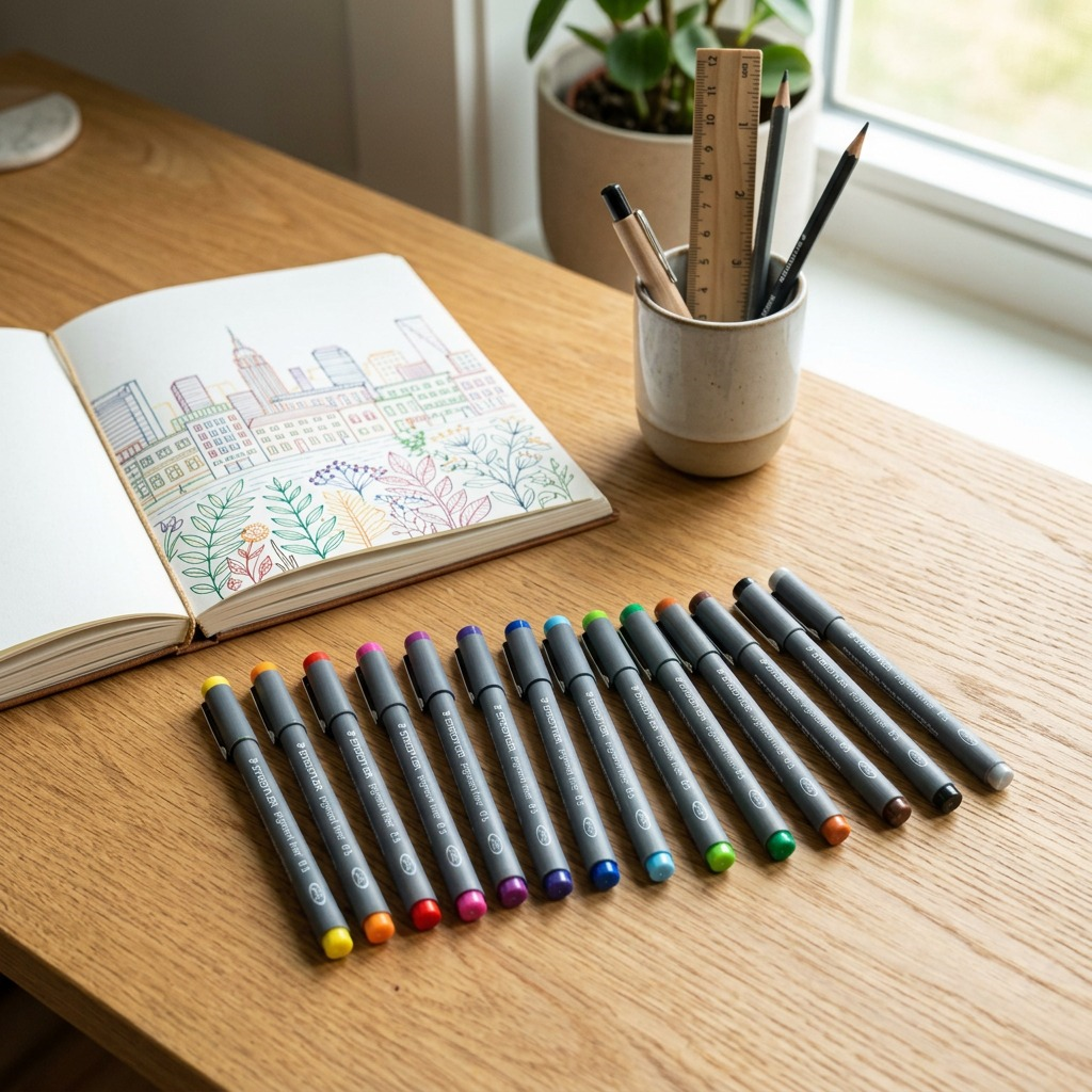 Close-up of all twelve STAEDTLER Pigment Liner 0.5 mm in assorted colors, loose on a work surface.