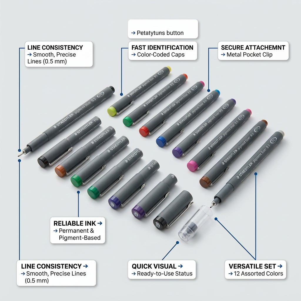A feature callout graphic presenting 12 assorted STAEDTLER Pigment Liners with annotations on cap, clip, and ink features.