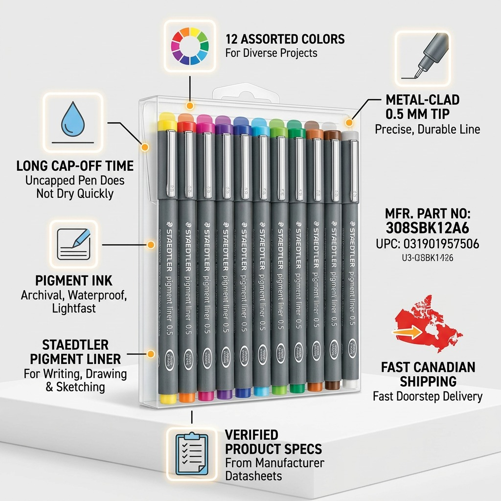 Trust matrix infographic featuring STAEDTLER Pigment Liner set, data points, and shipping confirmation.