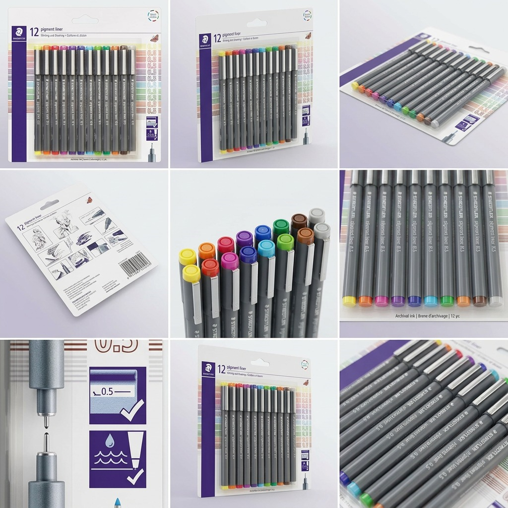 A matrix of nine clean product shots of STAEDTLER Pigment Liner pens, showcasing multiple angles.