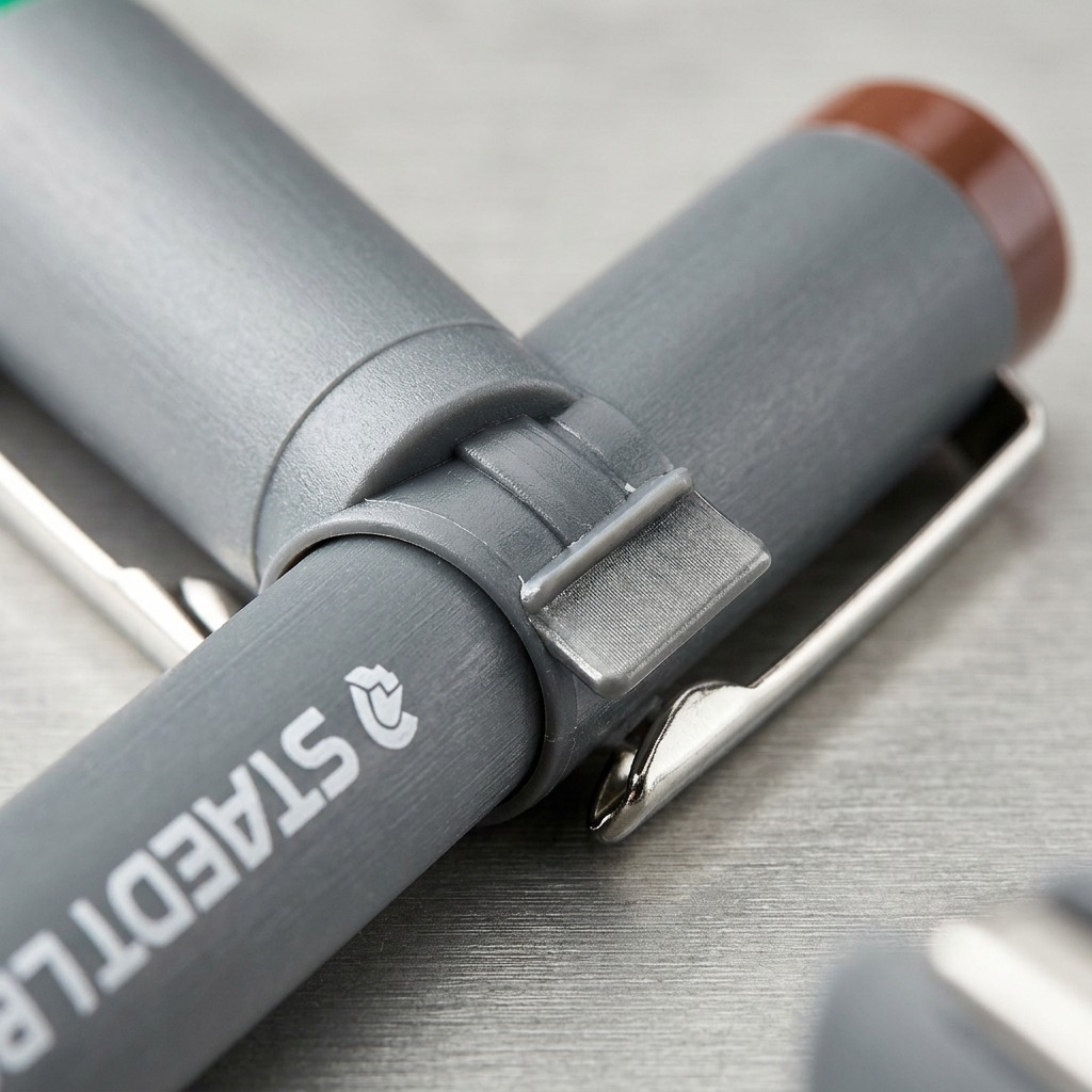 Macro detail of a STAEDTLER Pigment Liner, showing materials and precision build near the cap.