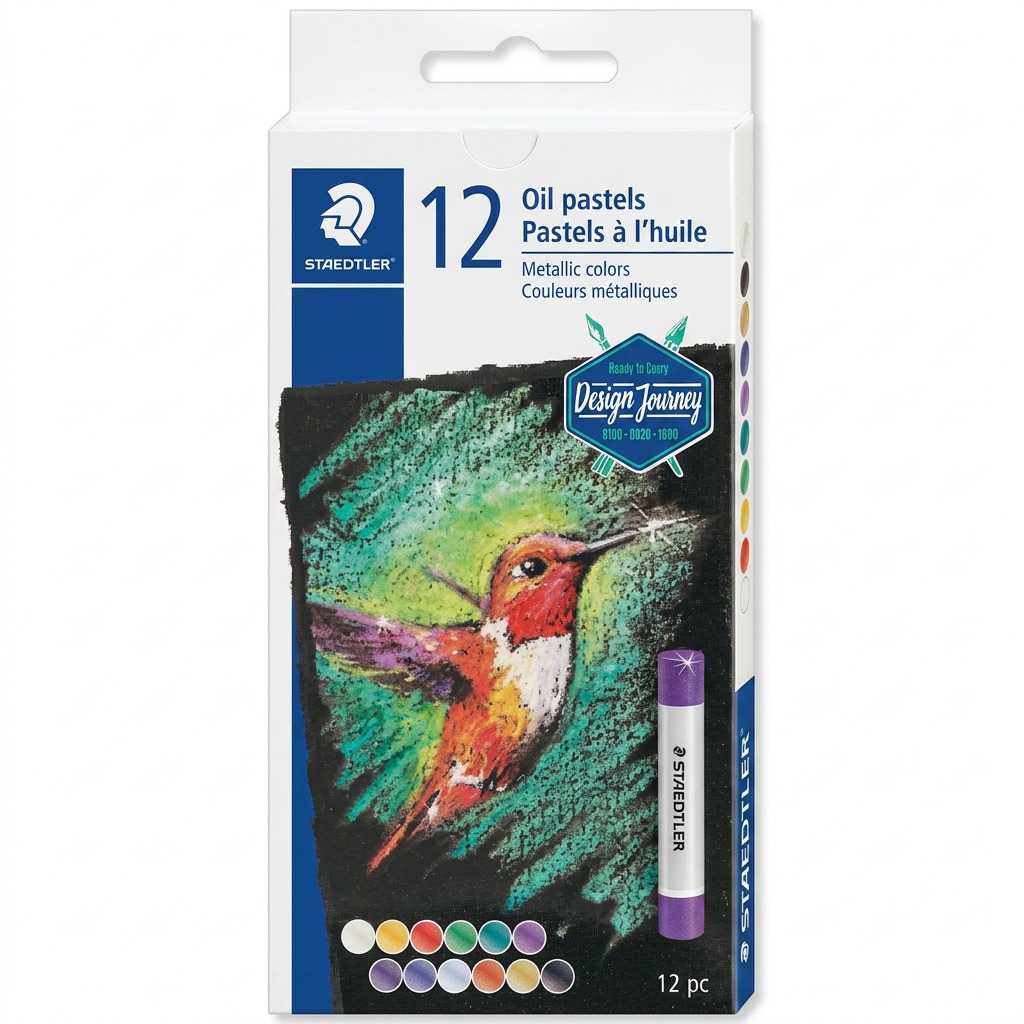 A pristine, centered, high-resolution product image of the STAEDTLER Oil Pastels Metallic 12-piece box (MPN: 2420MC12A6).
