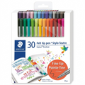 Pure white background studio shot of the STAEDTLER triplus finsliner 30-piece set in its open stand-up box.