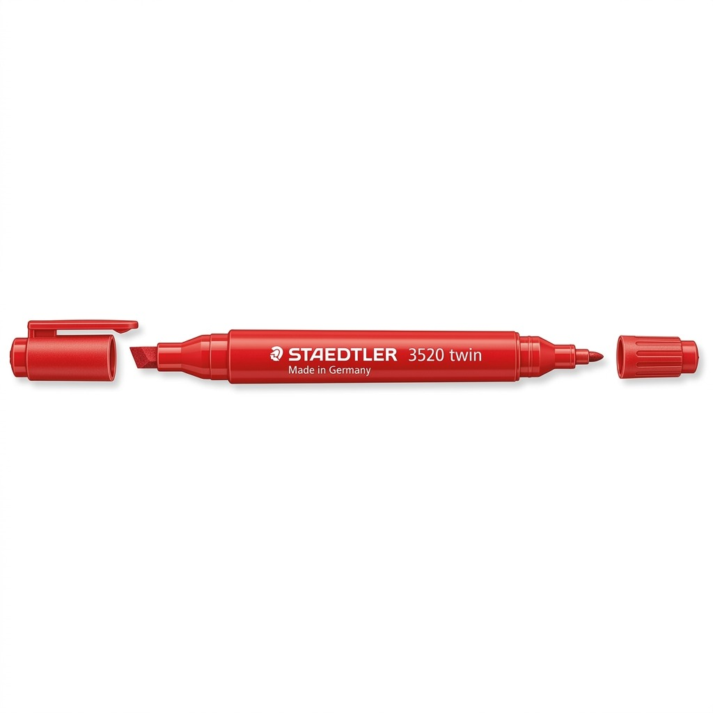 A premium high-resolution ecommerce hero shot of the STAEDTLER Double-Ended Highlight - Red marker with both caps off.
