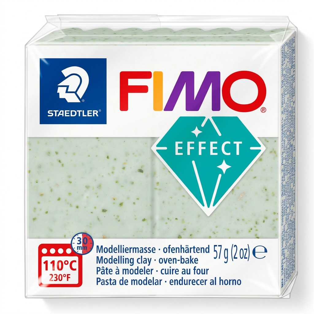 High-resolution 3/4 front view photograph of a single block of STAEDTLER FIMO Effect color number 570 Botanical Spinach oven-bake modelling clay (57g or 2 oz), displaying its pale green, flecked texture and wrapped in clear plastic.