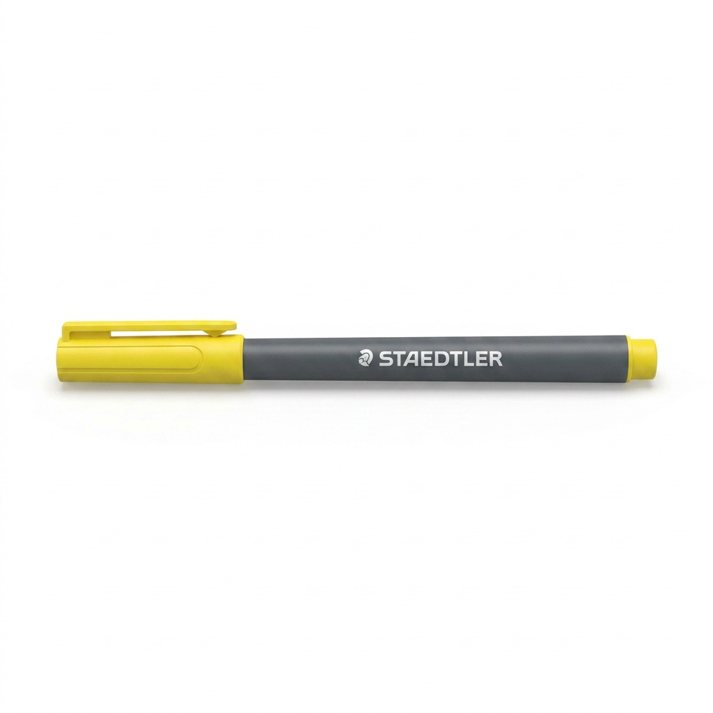 STAEDTLER Pigment Brush Pen, Bright Yellow with a dark grey barrel, lying flat on a pure white background.