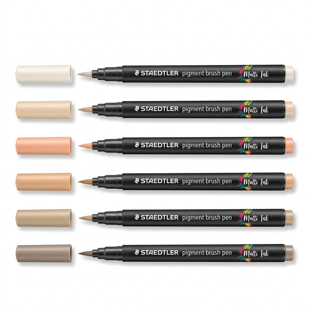 STAEDTLER (371-C6-6-10) Pigment Brush Pen, 6 Beige & Neutrals, Multi Ink, pure white background.