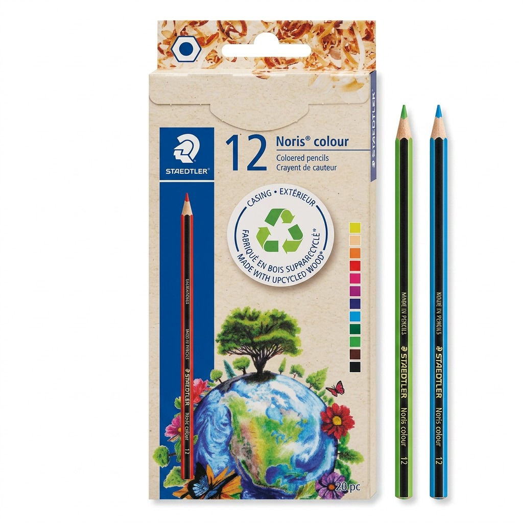 A high-resolution ecommerce hero shot of the STAEDTLER Noris 12-count colored pencils in their specific packaging, centered on a pure white background. The packaging, made with upcycled wood, is clearly visible with all original art, logos, and the recycling badge. Two pencils, green and blue, are neatly laid beside the box. The lighting is clean and even, with soft, realistic shadows. Text on the packaging is crisp.