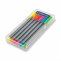 A high-resolution, centered photograph of the STAEDTLER triplus fineliner neon 6-pen box set on a clean white background.