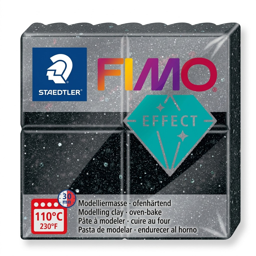E-commerce hero product shot: 57g Fimo Effect black granite clay on a white background.