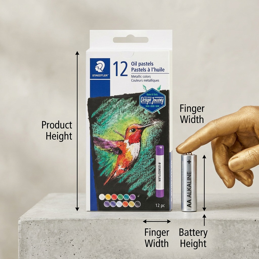 A photo showing the STAEDTLER Metallic Oil Pastels box from image_0.png, placed upright next to a standard AA battery and a human finger for scale.
