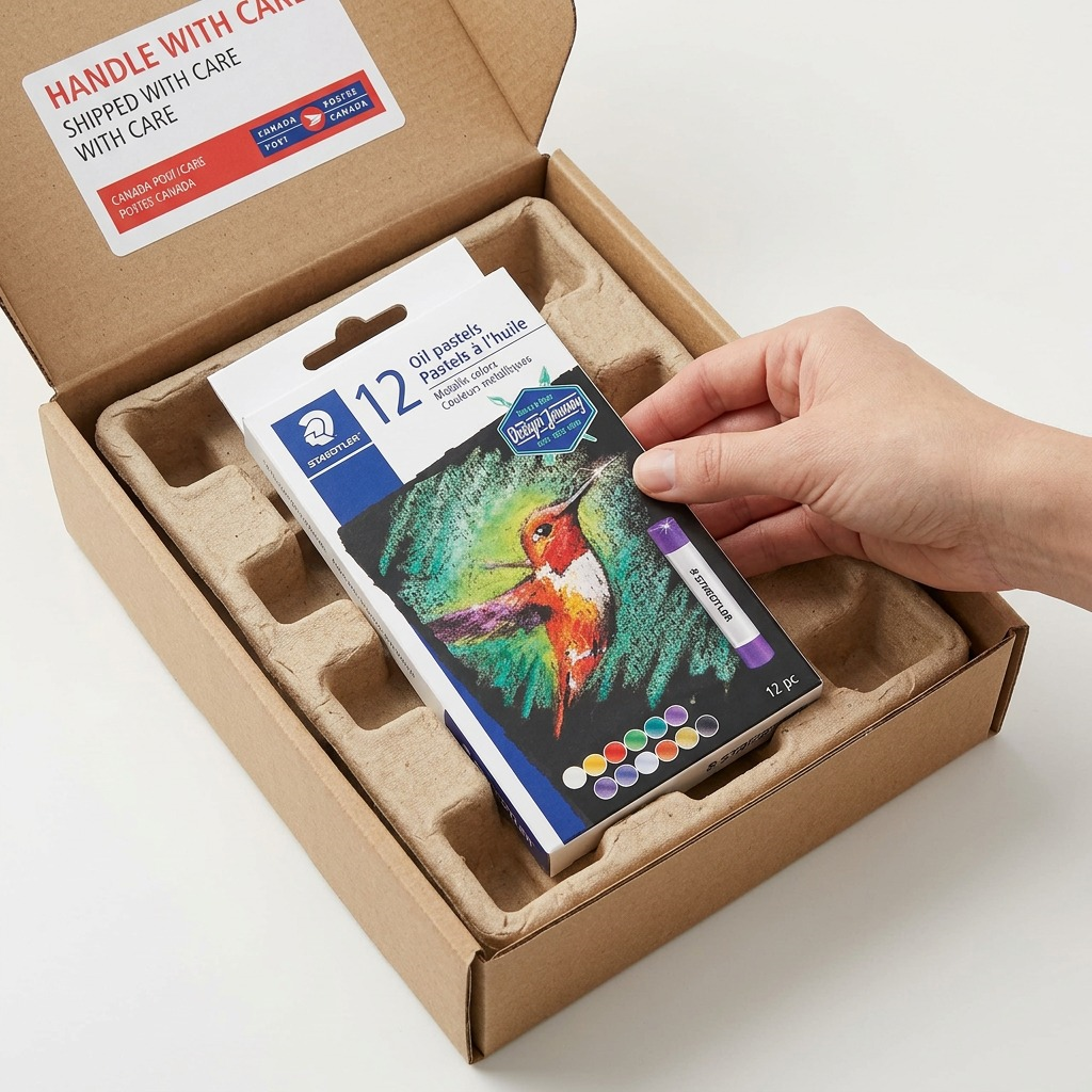 A close-up of the pristine STAEDTLER metallic oil pastel box inside a protective shipping container with sustainable padding.