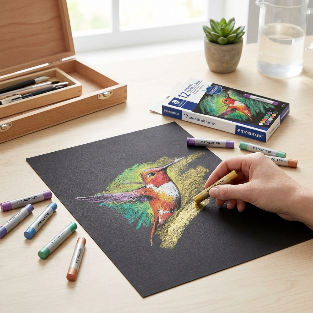 A lifestyle close-up showing a metallic gold STAEDTLER oil pastel creating shimmering streaks on black paper, with other unboxed pastels nearby, in clear, neutral lighting.