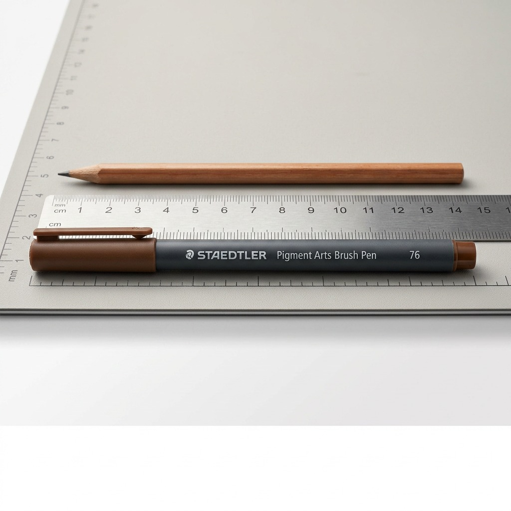 Scale reference photo: one Staedtler Pigment Arts brush pen (brown) on a ruler-marked work mat.