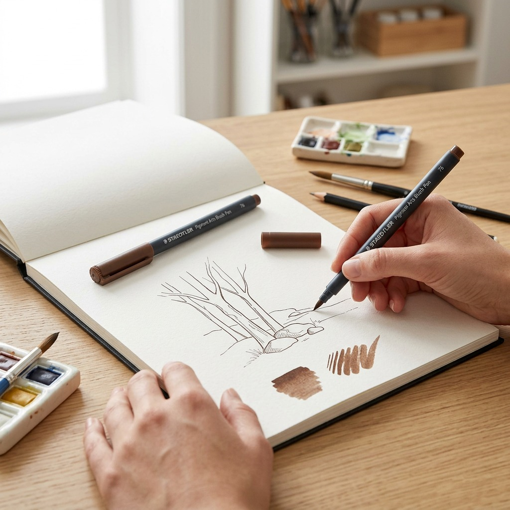 A close-up shot of the STAEDTLER Pigment Arts Brush Pen (Brown) being used to sketch a landscape in a sketchbook.
