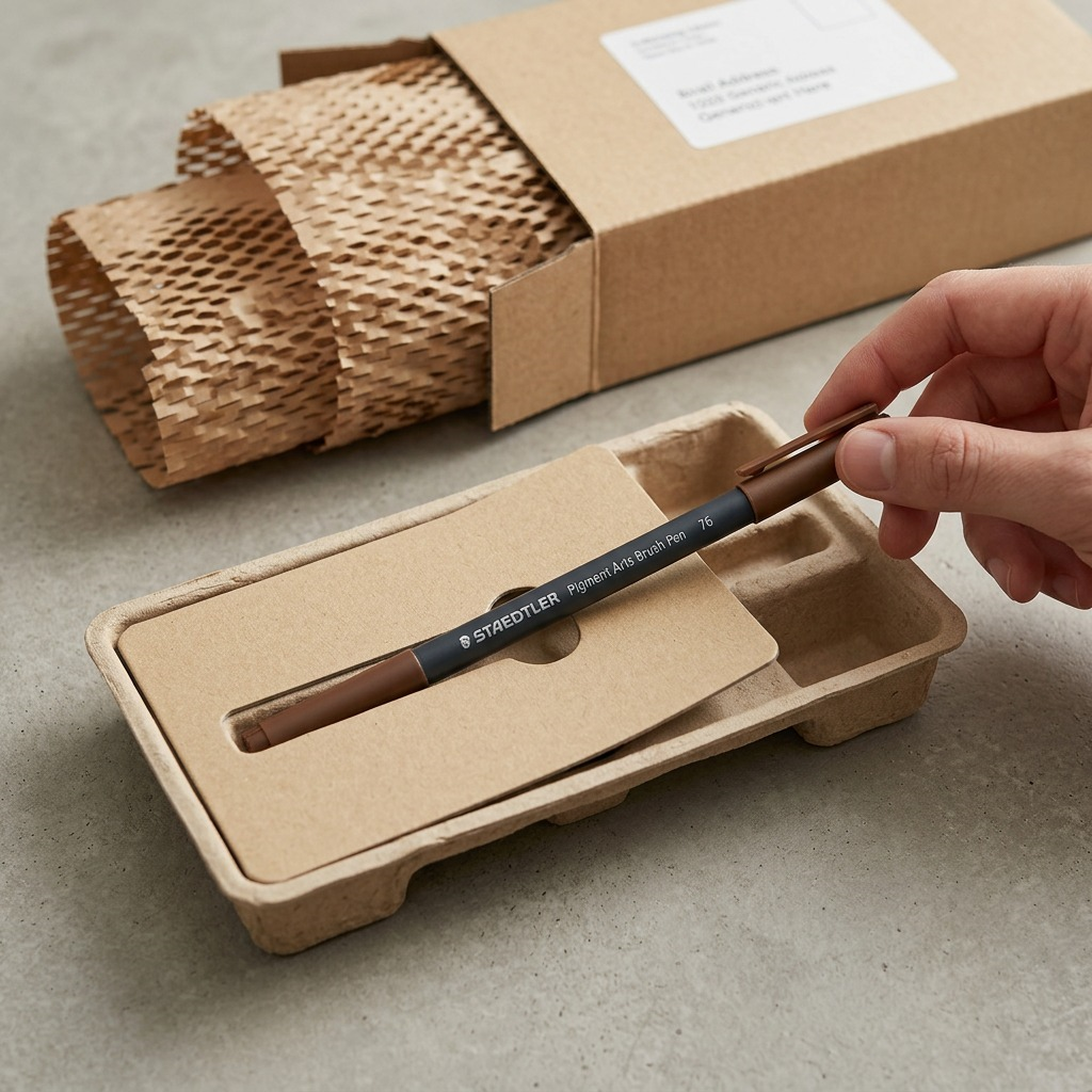 A premium unboxing view of the brown Staedtler Pigment Arts pen emerging from protective packaging.