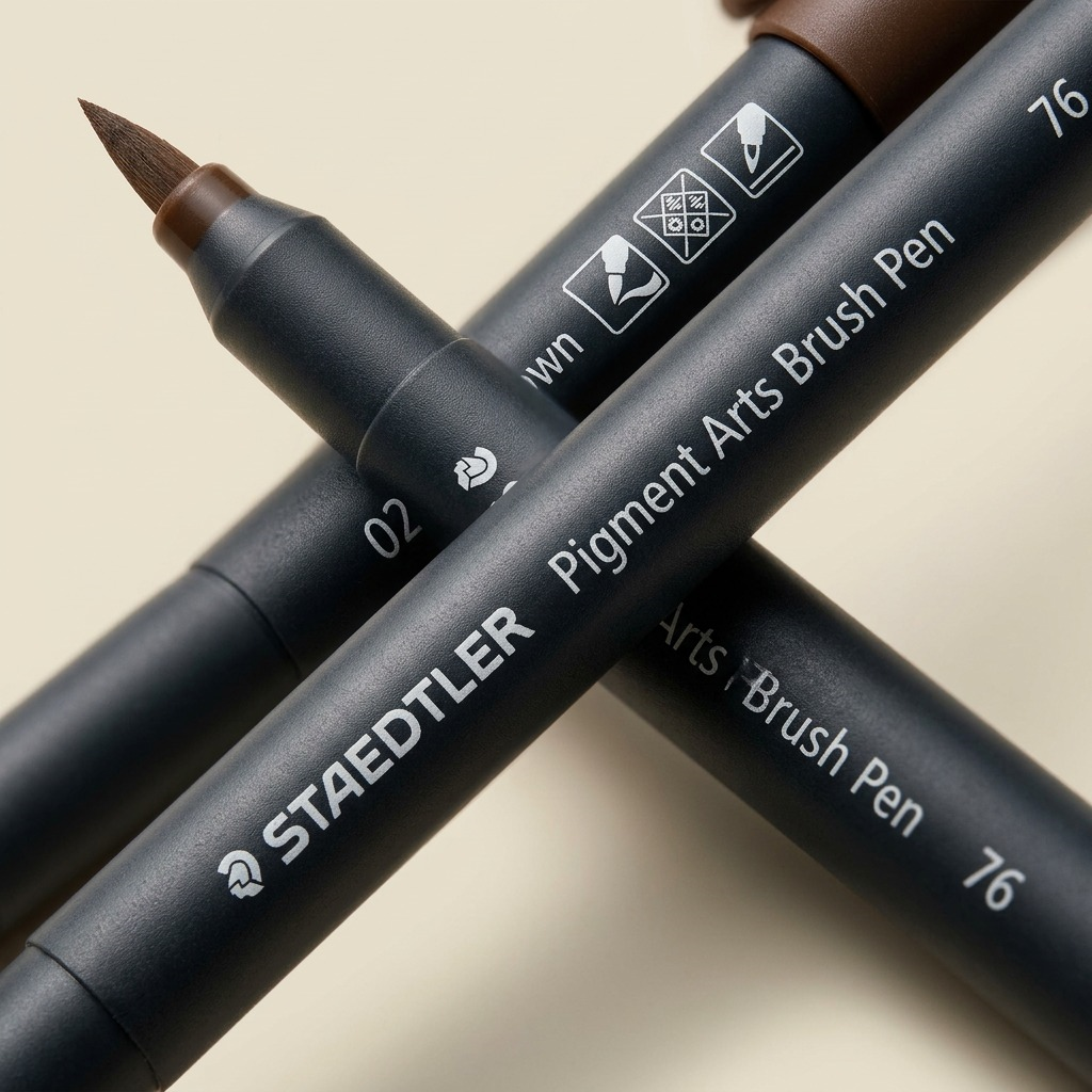 Macro detail shot of the STAEDTLER Pigment Arts Brush Pen, showcasing the precise printed text and the fine texture of the brown brush tip, which resolves into individual fibers.