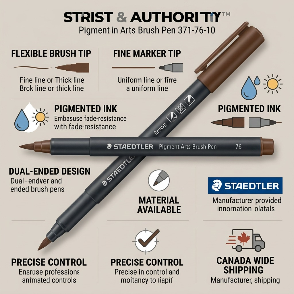 An infographic for STAEDTLER Pigment Arts Brush Pen, with factual icons and product image on a white background.