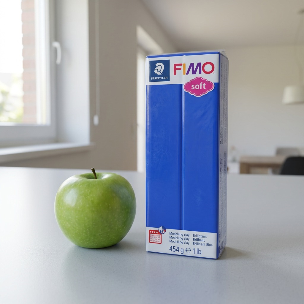 A 1Lb block of STAEDTLER Fimo Soft Brilliant Blue modelling clay next to an apple for scale.