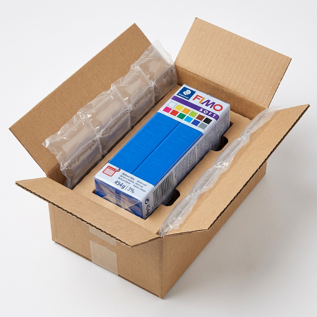 A block of Fimo Soft modelling clay is shown securely packed in a box with protective air pillows.
