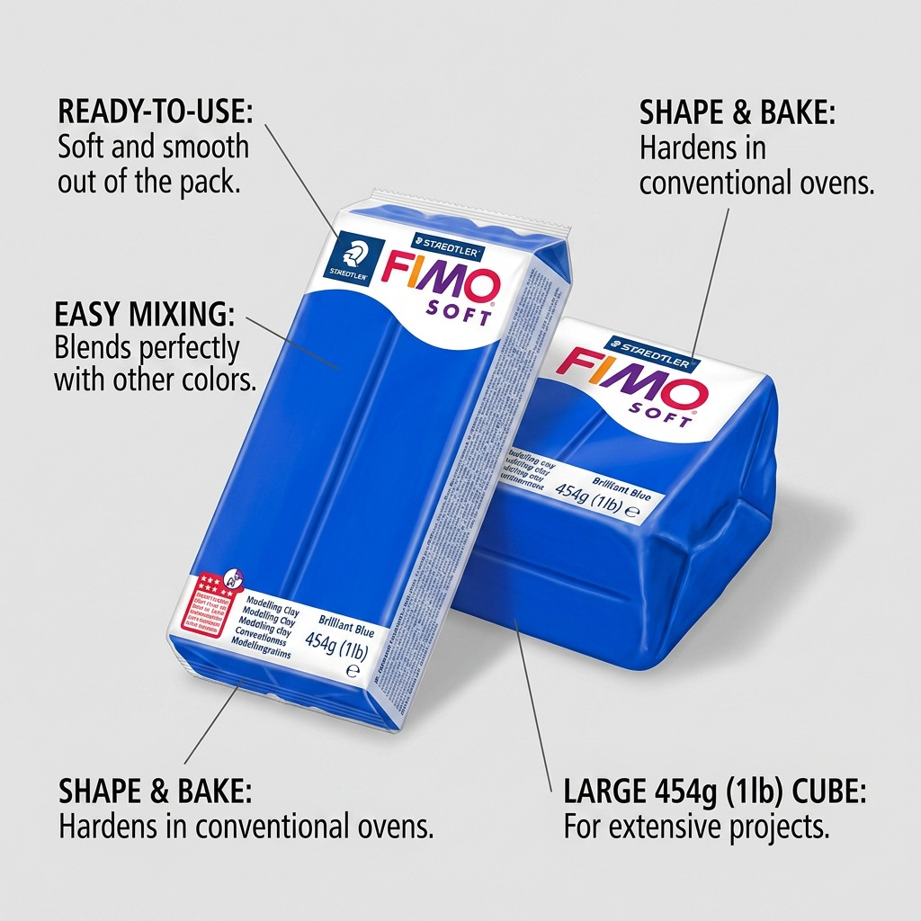 Ecommerce visual matrix for FIMO Soft clay, detailing ready-to-use soft texture, easy mixing, oven hardening, and large 454g size.