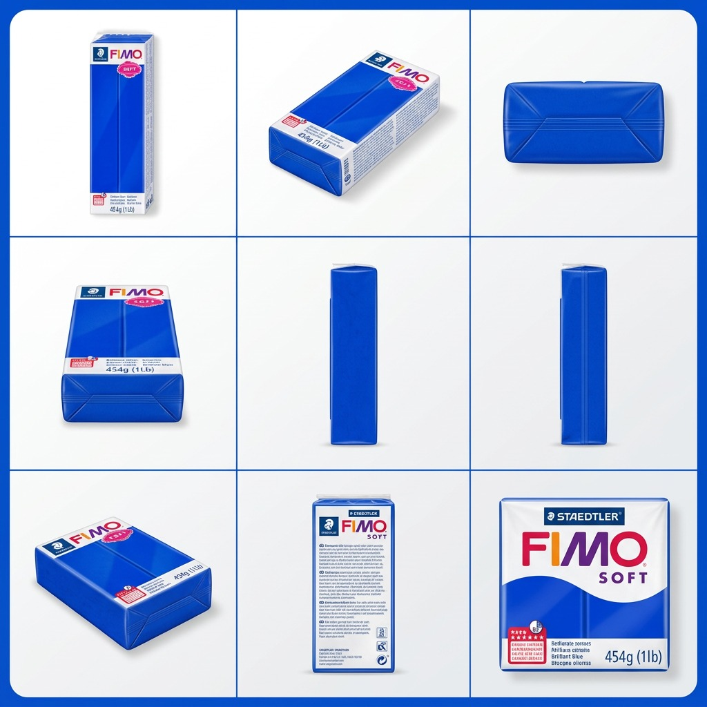 A 3x3 matrix displaying multiple viewpoints of the STAEDTLER FIMO Soft 454g Brilliant Blue clay block.